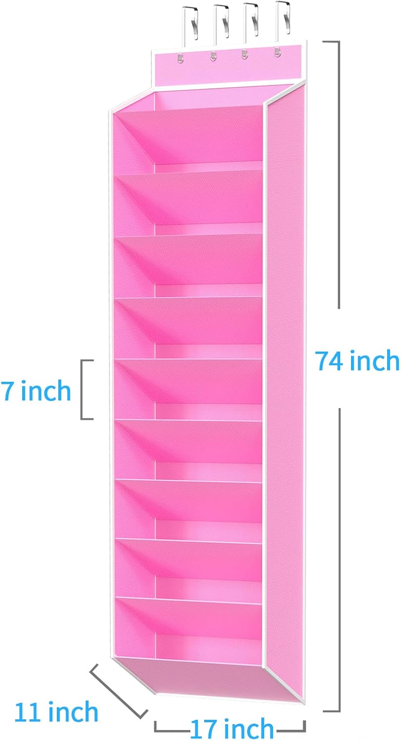 REGELETO 10-Tier Over the Door Shoe Organizer, Hanging Shoe Rack Holder with Deep Pockets for Sneakers Boots, Fits 20 Pairs Non-Woven Fabric with Stainless Steel Hooks. (Pink)