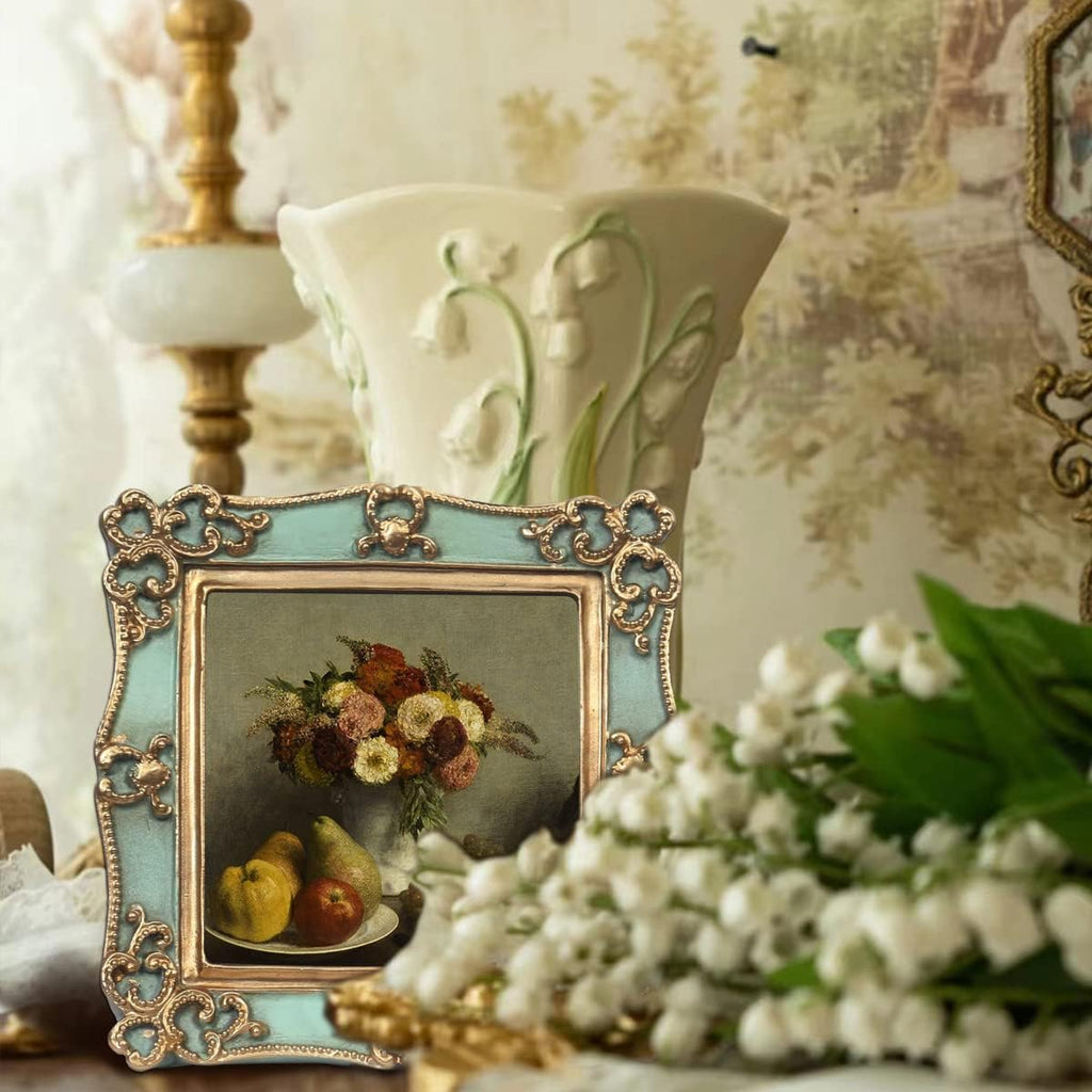 PARAFAYER Vintage Small Picture Frame 4x4, Antique Ornate Photo Frame With Gold Floral Relief, Wall and Tabletop Display,High Definition Glass Front,Retro Home Decor Art Gallery (Sea Foam Green 4x4)