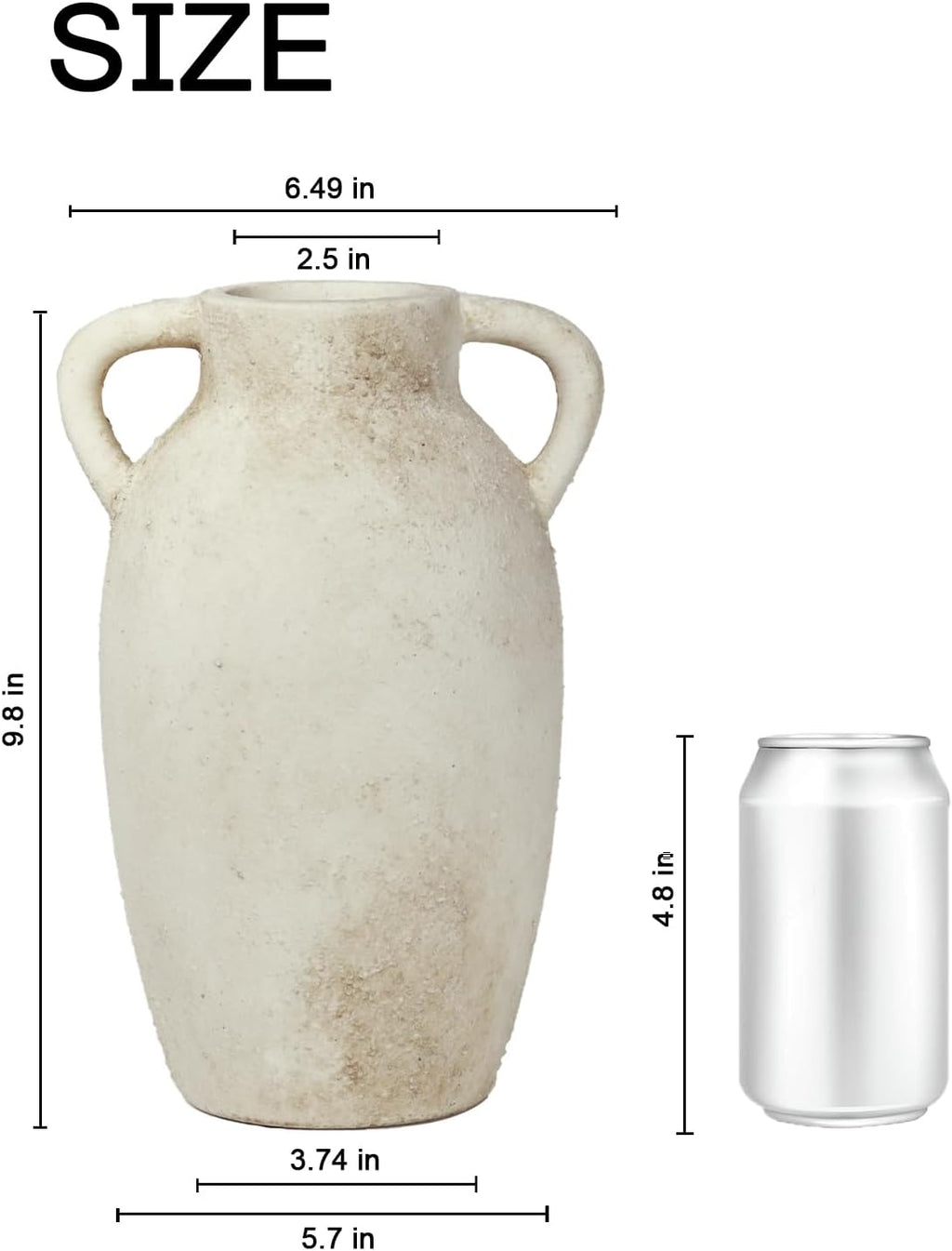 9.8 Inch Beige Ceramic Vase with Handles, Rustic Farmhouse Jug