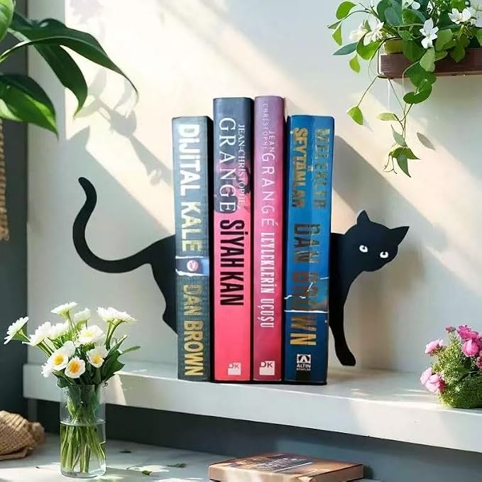 Cat Bookends, Unique Black Decorative Cat Bookends, Heavy Duty Book Holder, Ideal Cat Desk Accessories for Home and Office Decor