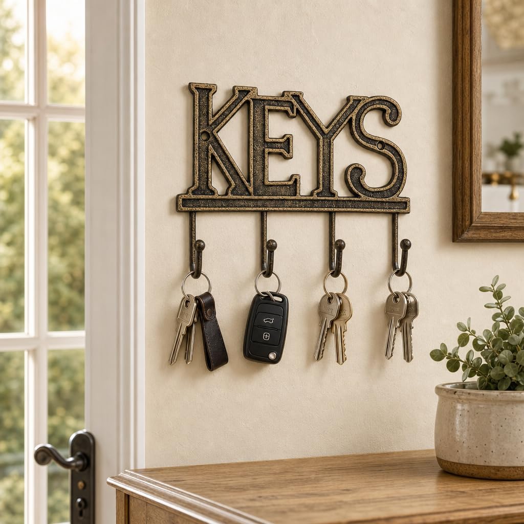 Comfify Gold-Black Cast Iron Key Holder for Wall – Keys Sign with 4 Hooks