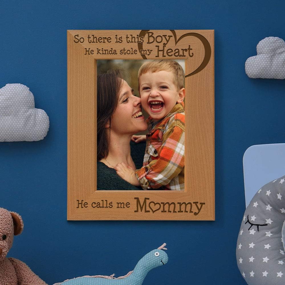 KATE POSH So There is This Boy He Calls me Mommy - Natural Engraved Wood Photo Frame Mother and Son Gifts, Mother's Day, Best Mom Ever, New Baby, (5x7-Vertical)