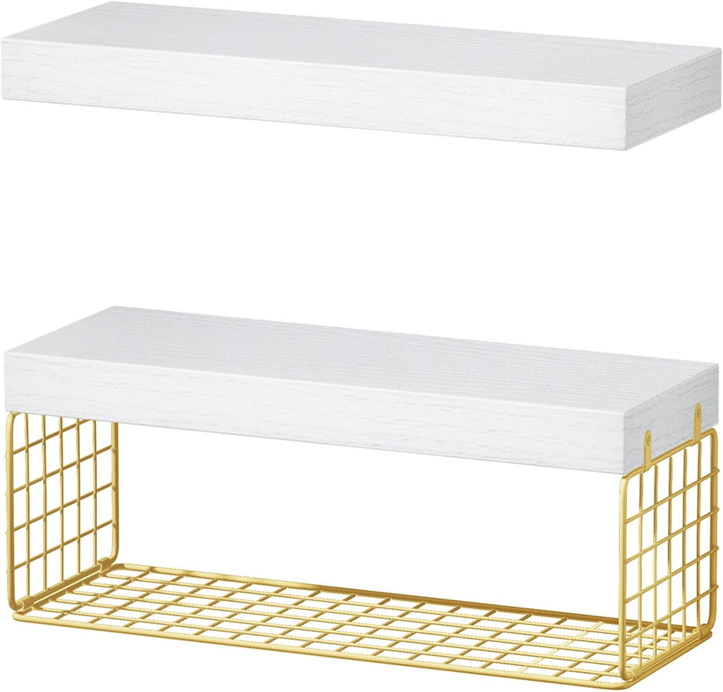 QEEIG Bathroom Shelves Over Toilet Wall (White and Gold, Set of 2, 15.7")