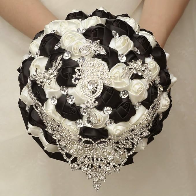Handmade Luxury Wedding Bridal Bouquet Large Silk Rose Holding Toss Artificial Flowers Bouquets with Satin Ribbon Pearls Rhinestone for Bride Vintage Royal Wedding Bouquet (Black+Ivory)