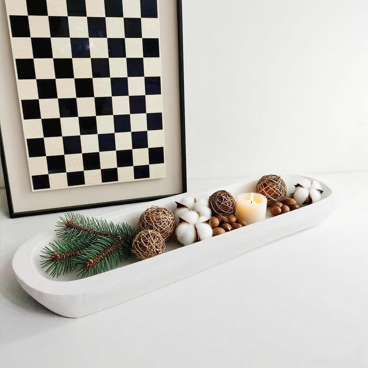 Wooden Dough Bowl Decor, Vintage Wooden Bowl Hand Carved Home Decor for Dining Table Center, Living Room, Kitchen Decor. (20in white)