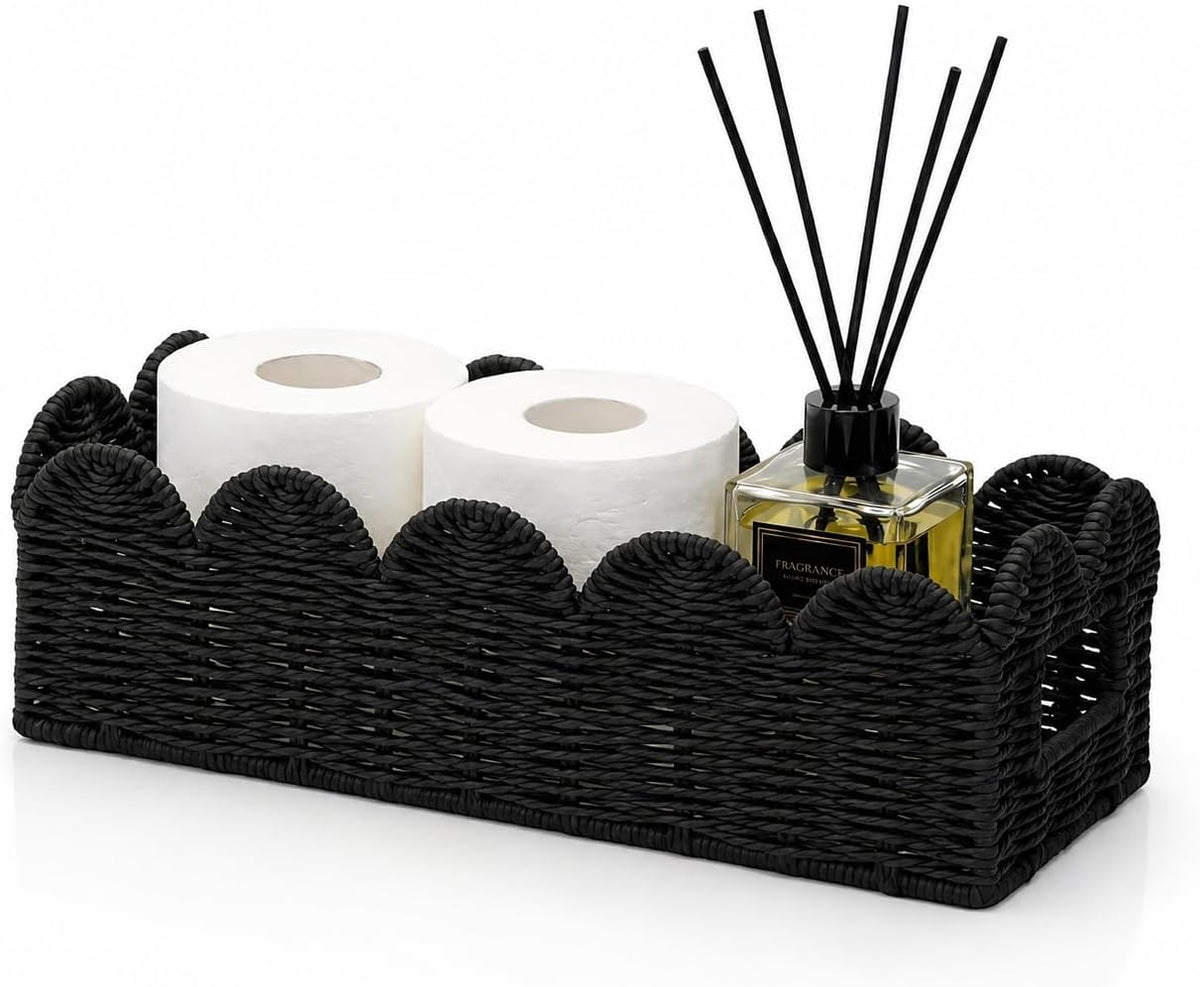Black Scalloped Basket, Toilet Tank Tray, Back of Toilet
