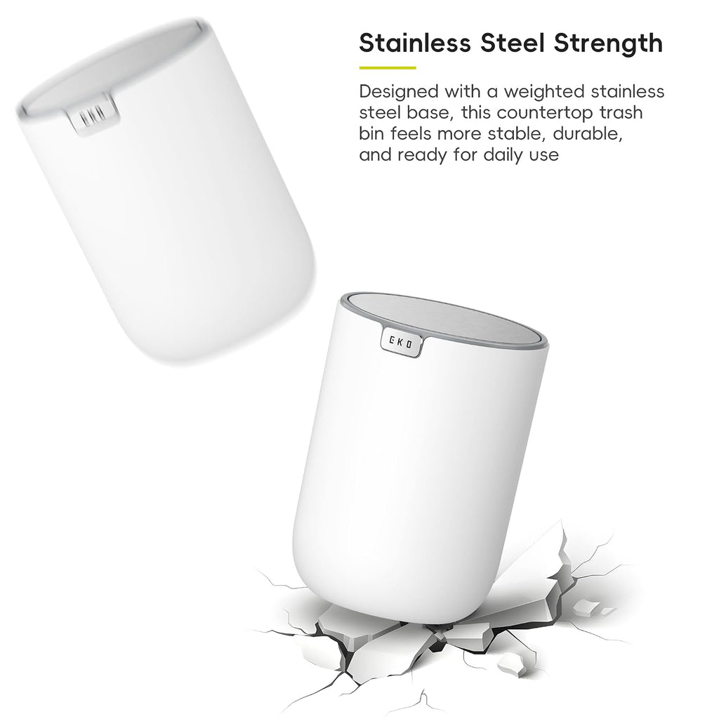 EKO Fandy 0.58 Gal/2.2L Mini Trash Can with Lid, Swing-Top Desktop Trash Can for Bathroom, Countertop, Vanity, Desk or Office, Small Garbage Bin (White)