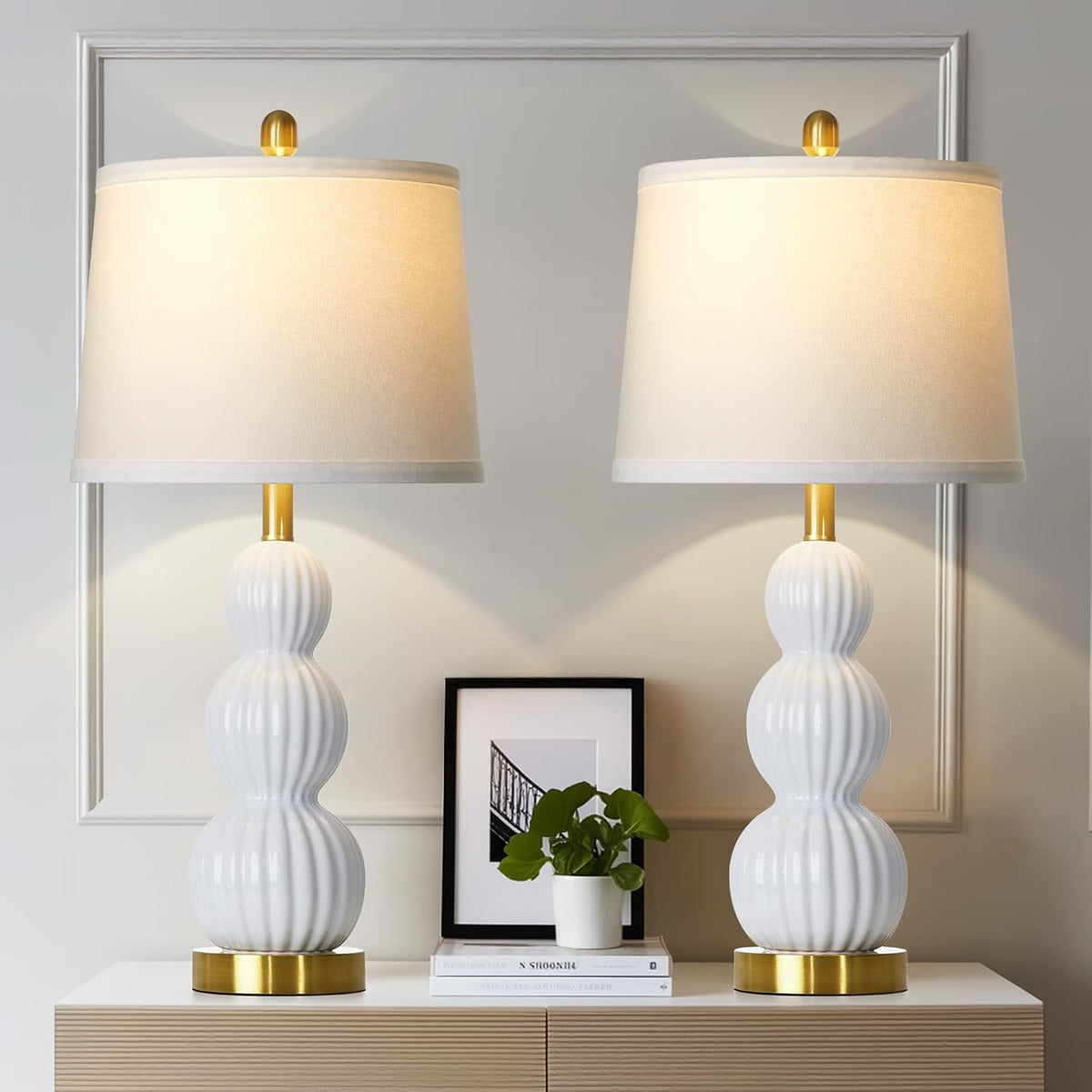 28" White Ceramic Table Lamps Set of 2, Modern Bedside Lamps for Night Stands, Triple Gourd Table Lamp for Living Room End Table or Bedroom Nightstand (2 LED Bulbs Included)
