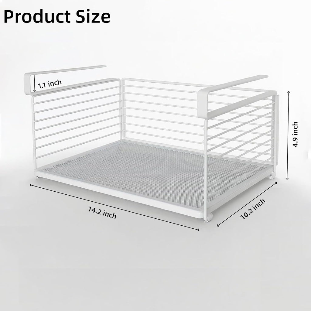 Under Cabinet Organizer, 12.2" Slide Out Storage Basket, Metal Wire Hanging Rack for Kitchen Pantry, Closet, Office, Bathroom, Space Saving White Metal Shelf, White-1 Pack