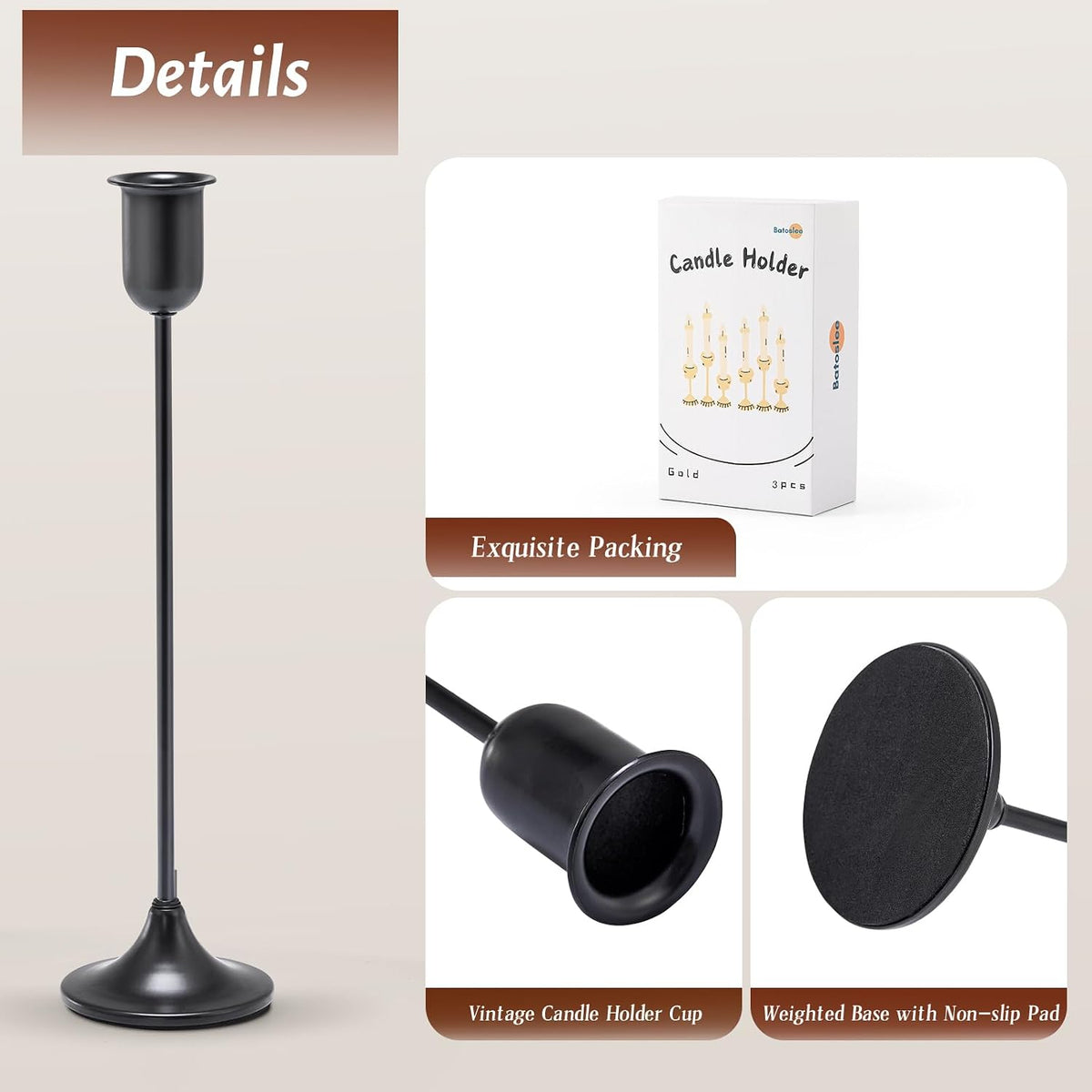 Batoslee Black Candlestick Holders Set of 3 Pcs, Taper Candle Sticks Stand