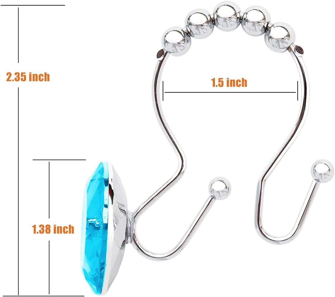 Shower Curtain Hooks Rings for Bathroom, 12PCS Double Hooks Glide Anti Rust Crystal Rhinestones Shower Curtain Rings Hangers for Shower Curtains, Clothing, Towels, etc. (Aqua Blue)