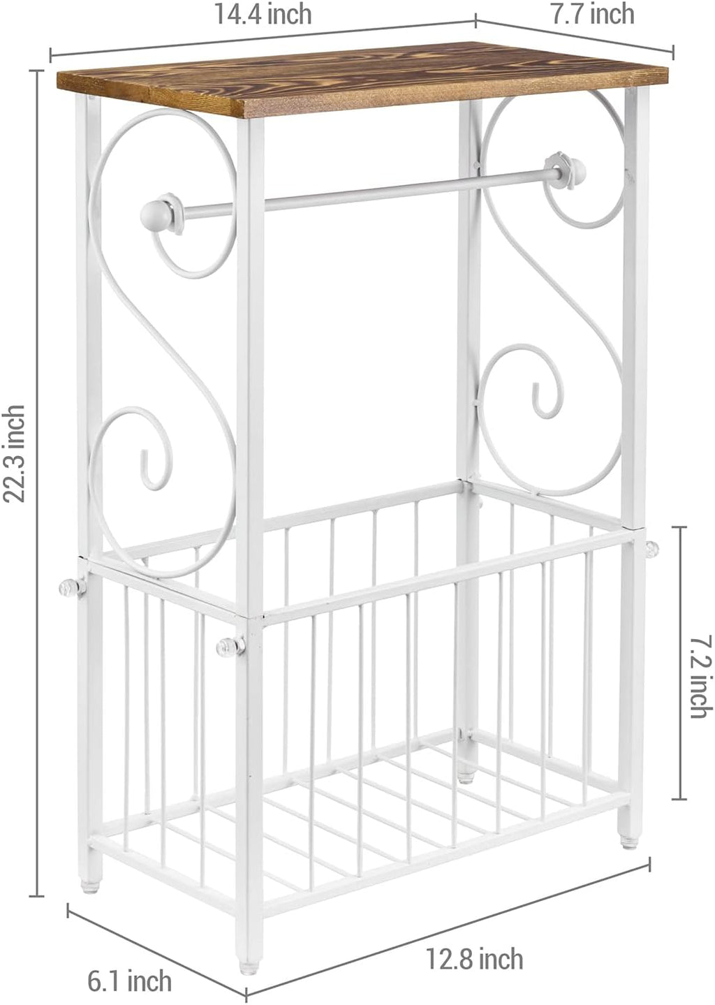 MyGift White Toilet Paper Holder Stand with Wood Shelf & Magazine Basket