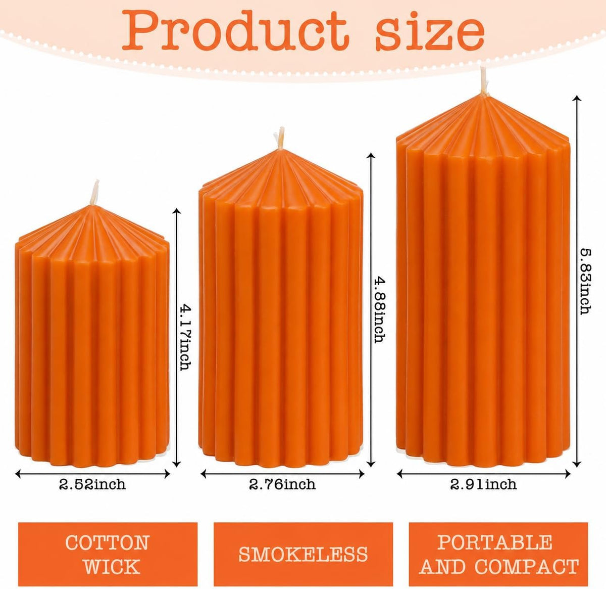 Orange Ribbed Pillar Candles Set of 3, Fall Pillar Candle for Fall Decor