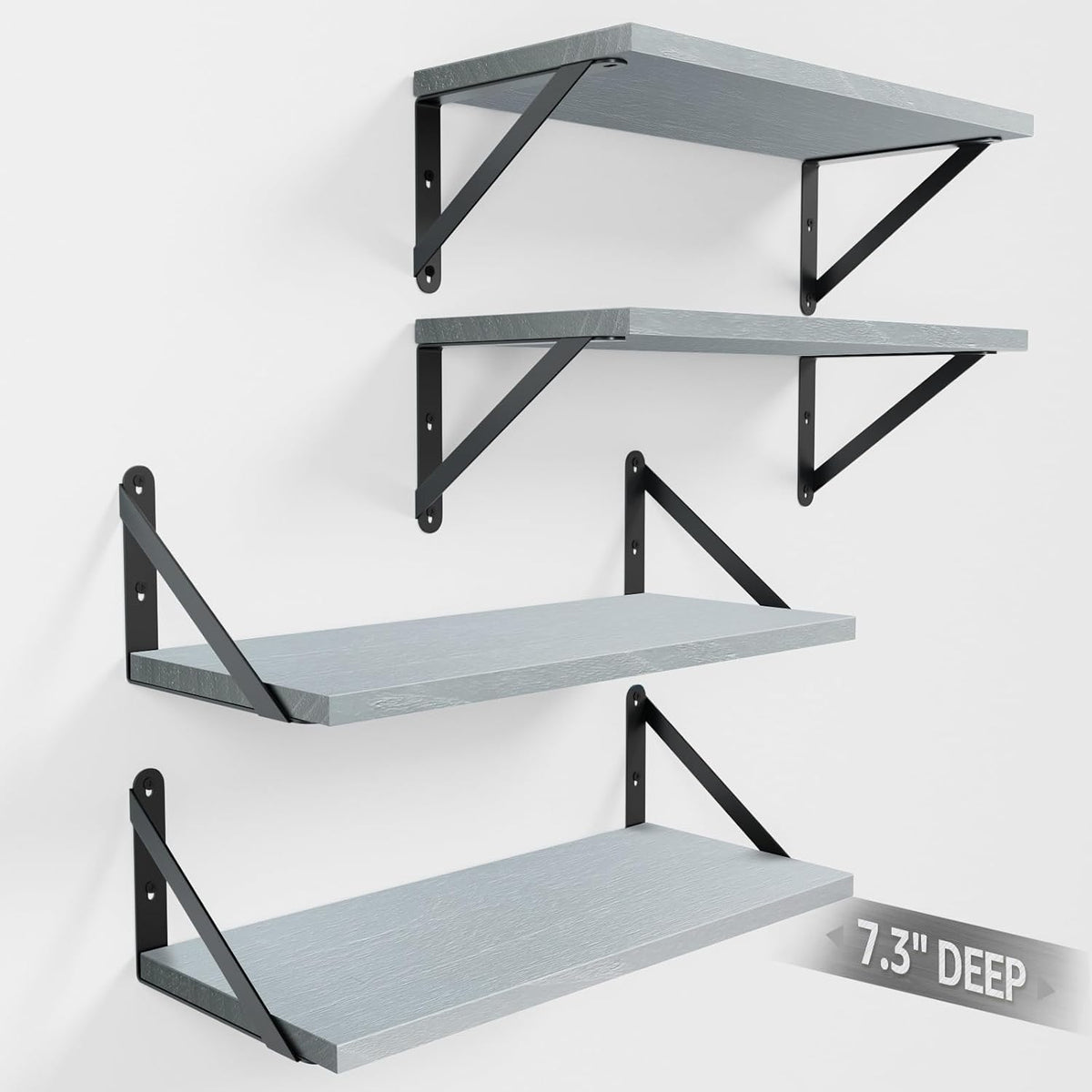 COCOYA Wall Shelves 7.3" Deep Solid Paulownia Wood (Grey, Set of 4)