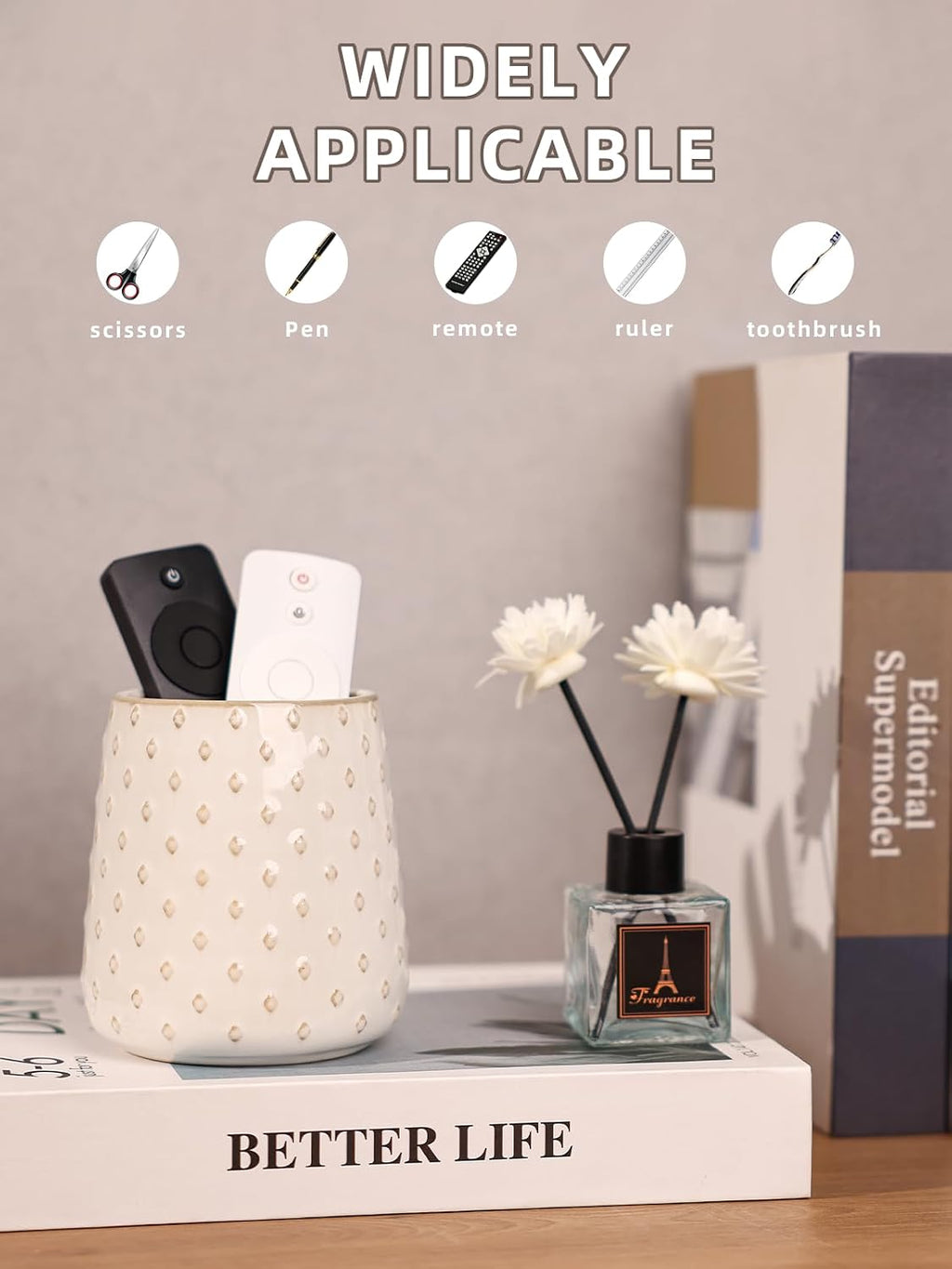 GDCZ Ceramic TV Remote Control Holder, Makeup Brush Pen Holder (White)