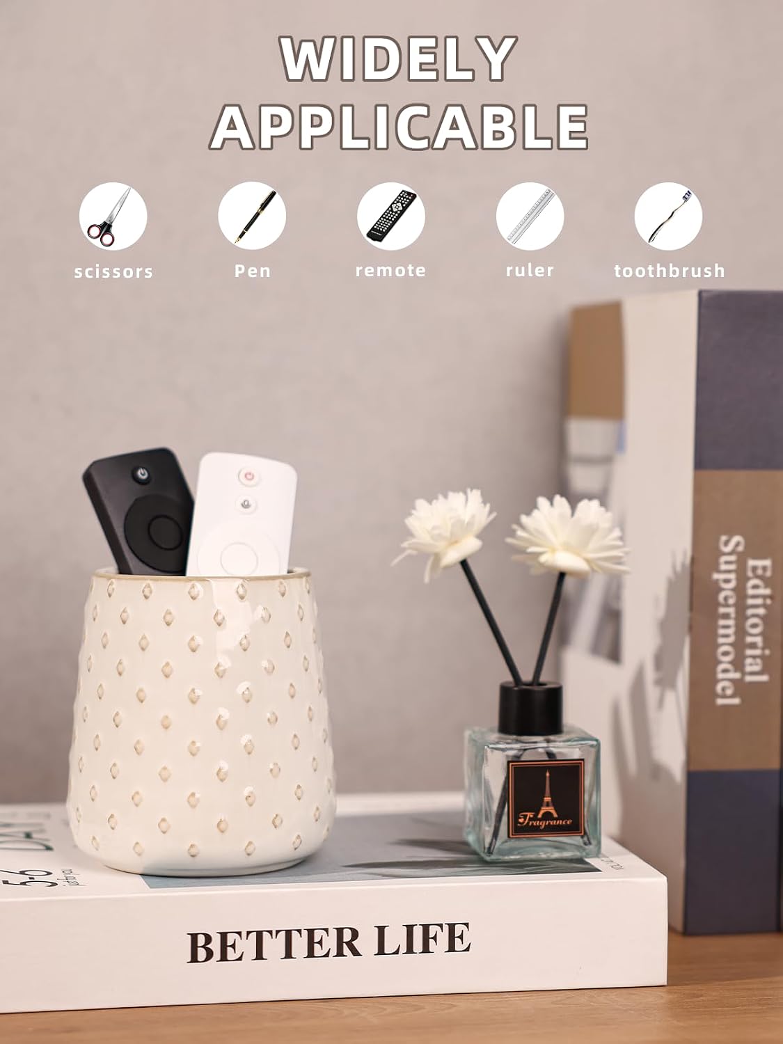GDCZ Ceramic TV Remote Control Holder, Makeup Brush Pen Holder (White)