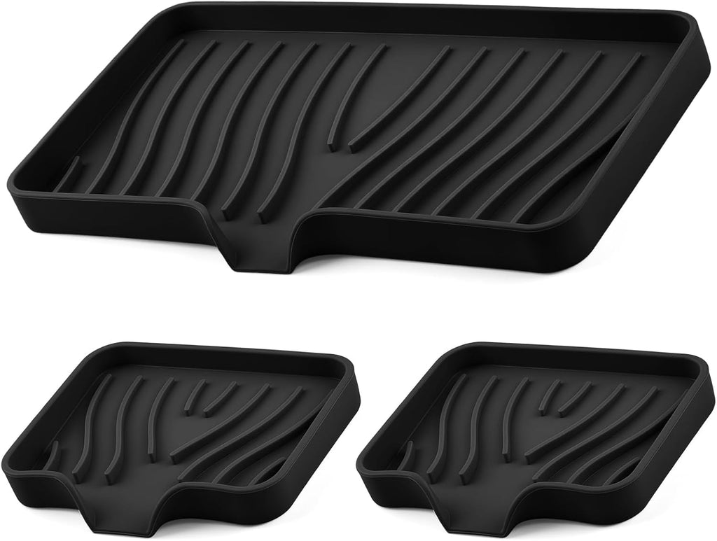 Silicone Soap Dish with Drain Spouts, Bar Soap Holder, Self-Draining Sink Organizer Kitchen Sponge Tray, Non-Slip Dispensers for Bathroom, Kitchen (Black, 1 Long + 2 Short)
