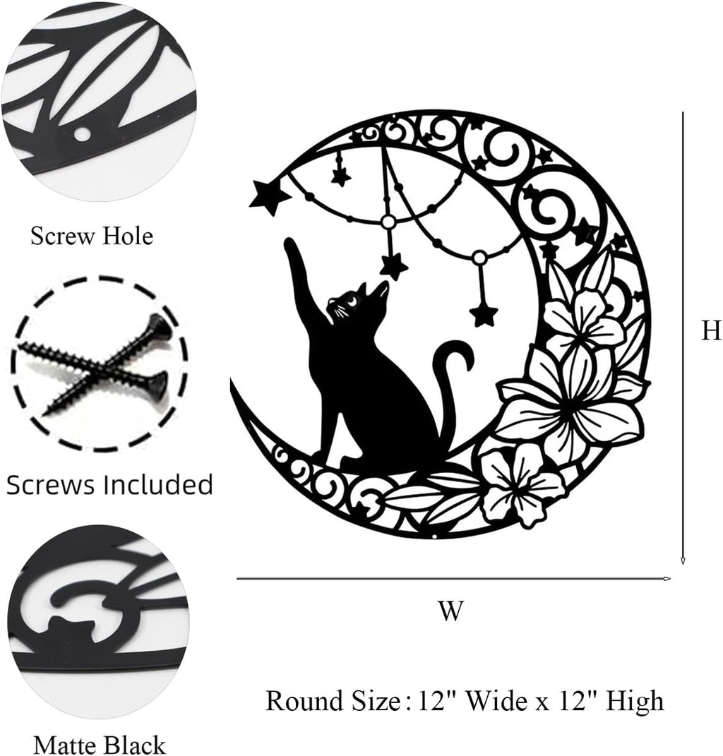 Gemseek Black Metal Cat Wall Decor, Cute Moon Cat Wall Art Sculpture