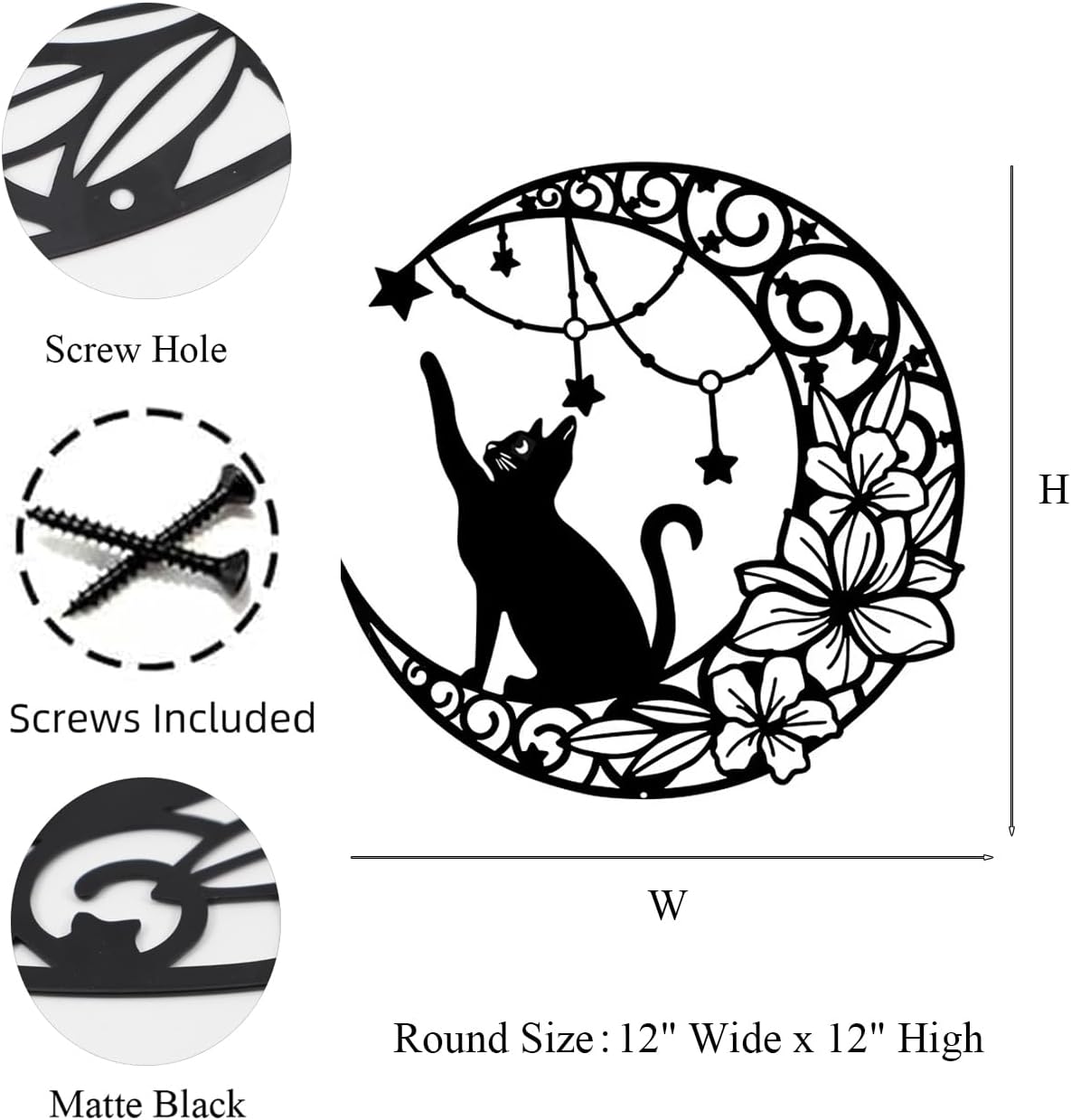 Gemseek Black Metal Cat Wall Decor, Cute Moon Cat Wall Art Sculpture