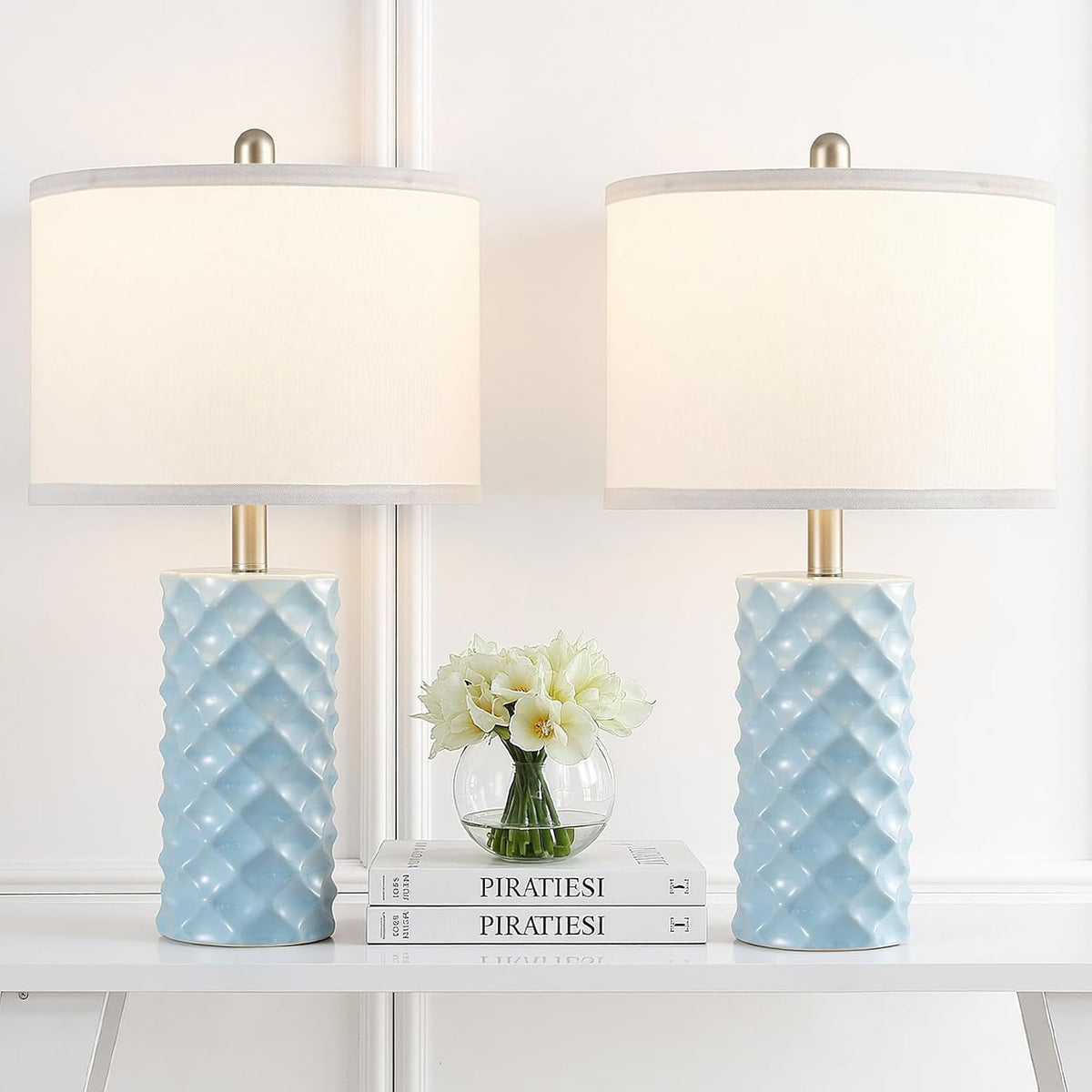 Star Diamond Ceramic Table Lamps Set of 2 - Sky Blue Nightstand Lamps 23"
