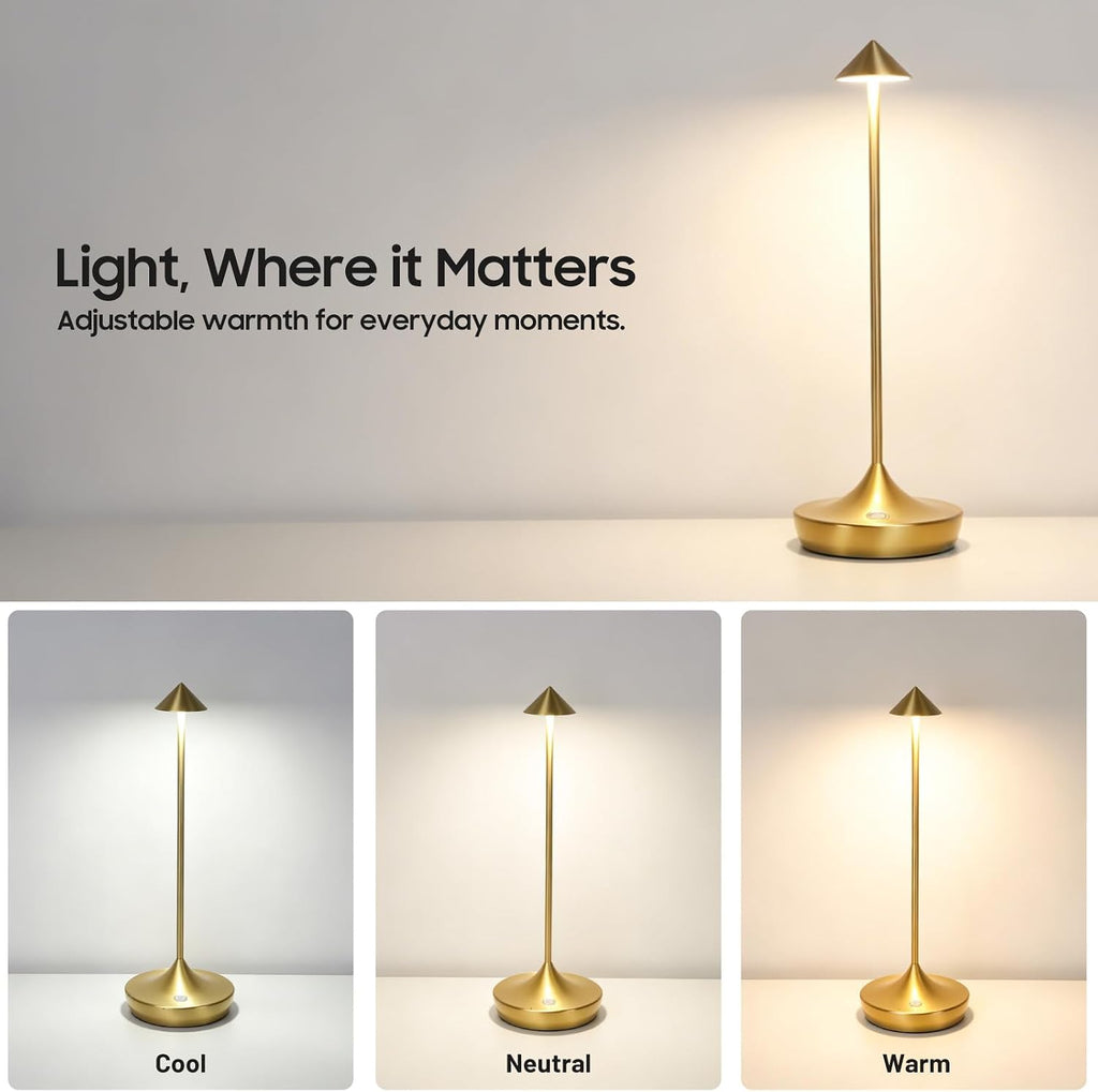 Cordless LED Table Lamp, Rechargeable, 3 Color Dimmable, Gold