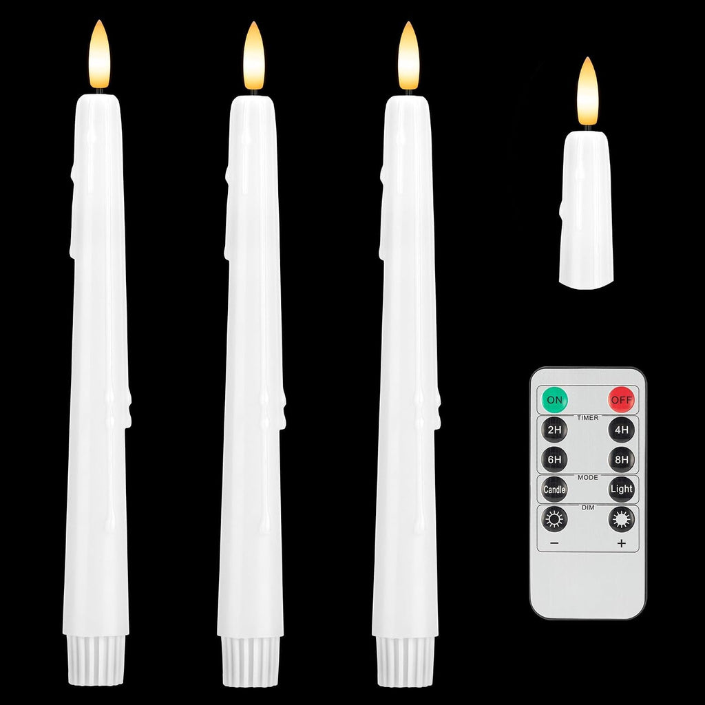 Dripless Flameless Taper Candles with Remote, Real Wax Battery Operated LED Candles Set with 3D Flickering Flame, 3Pcs White 9.6" Realistic Candlesticks as Mothers Day Gifts, Gifts for Mom