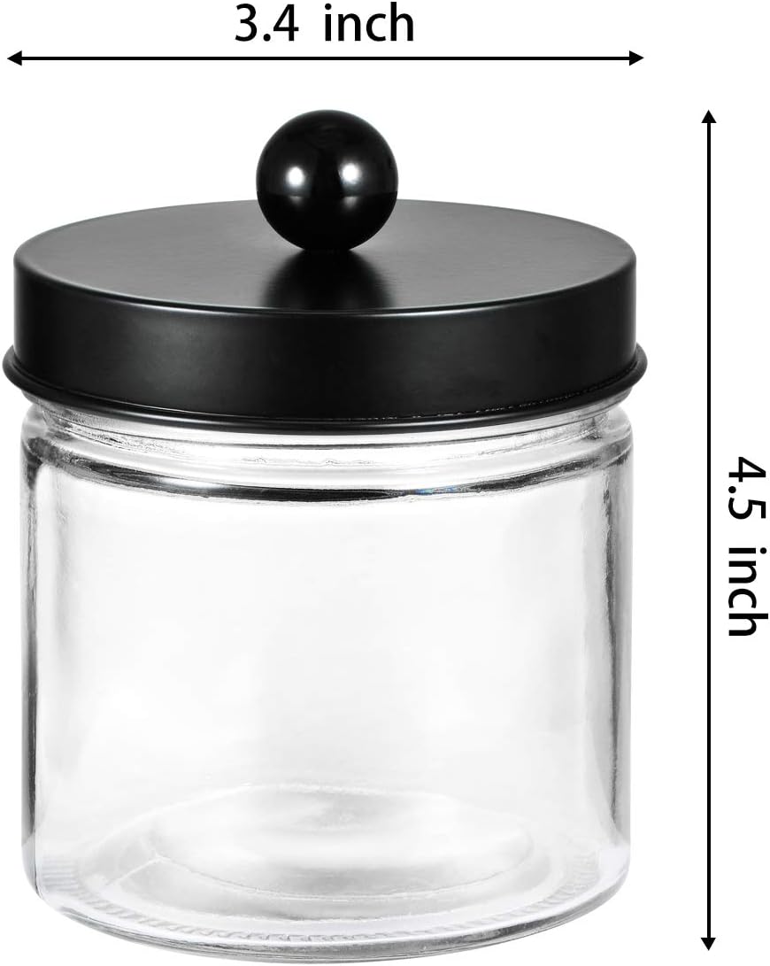 SheeChung Glass Mason Jar Qtip Holder, Black Stainless Steel Lids, 2 Pack