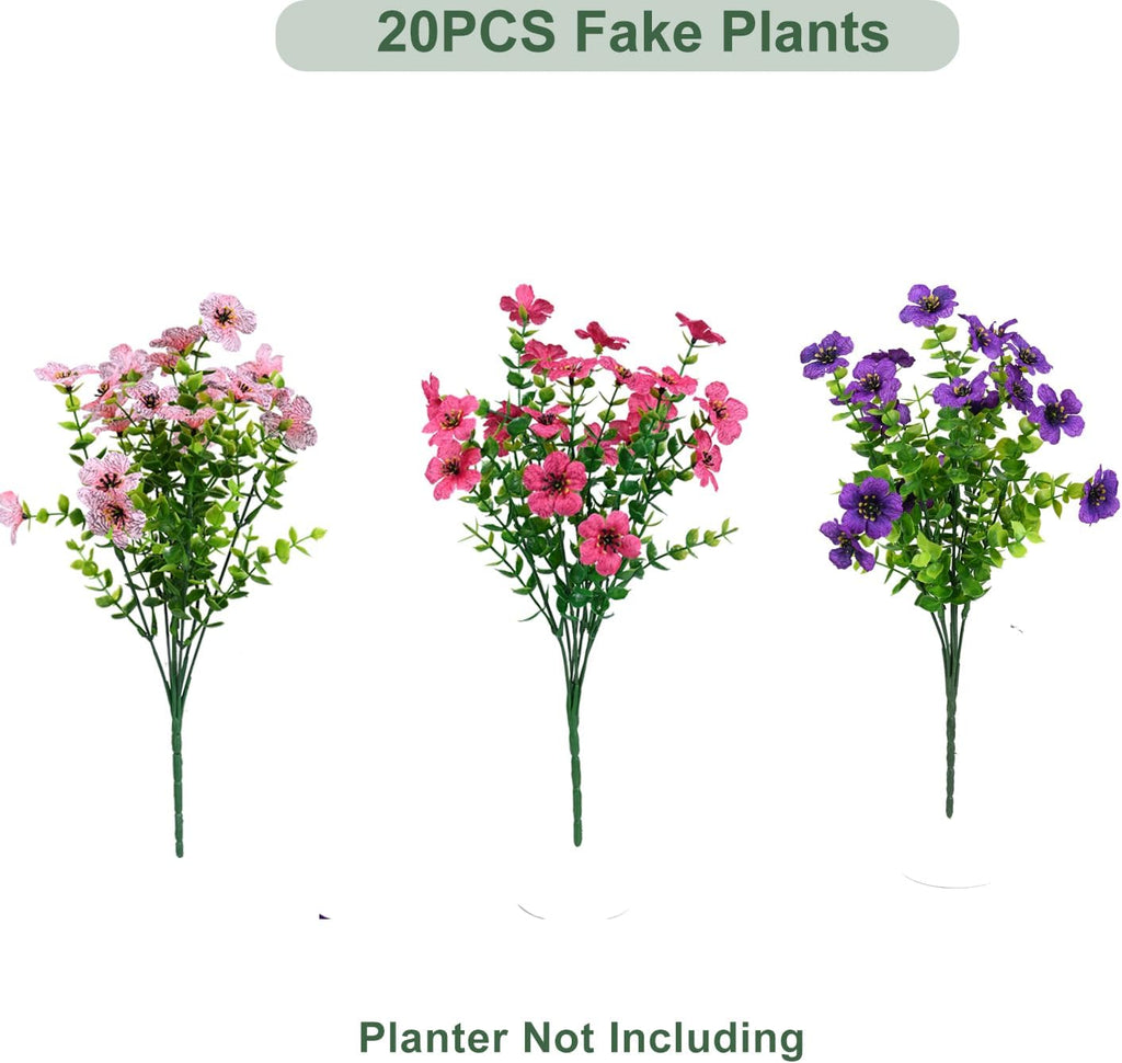 trytuny Artificial Flowers for Outdoor, UV Resistant Fake Silk Flowers, Realistic Faux Plants for Outside Indoor Porch Patio Window Box Planter Home Decor (20, Purple Rosy Pink)