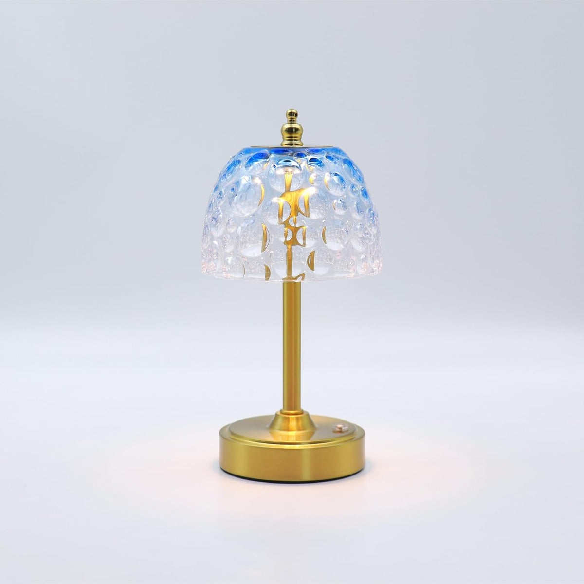Cordless Rechargeable Table Lamp, Vintage Art Glass Shade, Dimmable, Blue