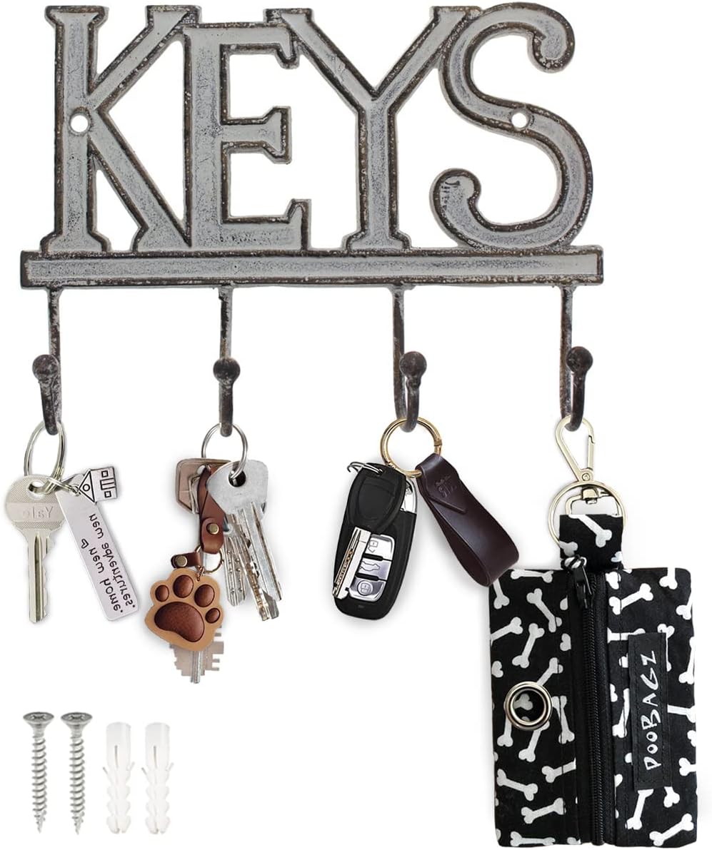 Comfify White Cast Iron Key Holder for Wall – Keys Sign with 4 Hooks