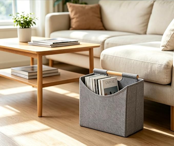 Magazine Holder Basket with Handles, Foldable Floor Organizer Storage Rack for Magazines, Book, Newspapers, File in Home, Office, Table, Living Room, Reception Desk (Grey)