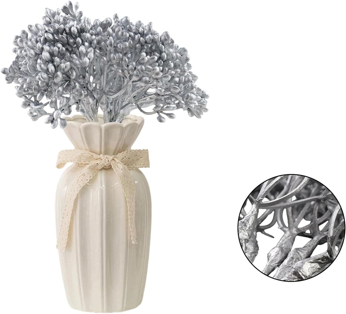 Fake Leaves Artificial Flocked Eucalyptus Stems (Silver Pearl Flower)