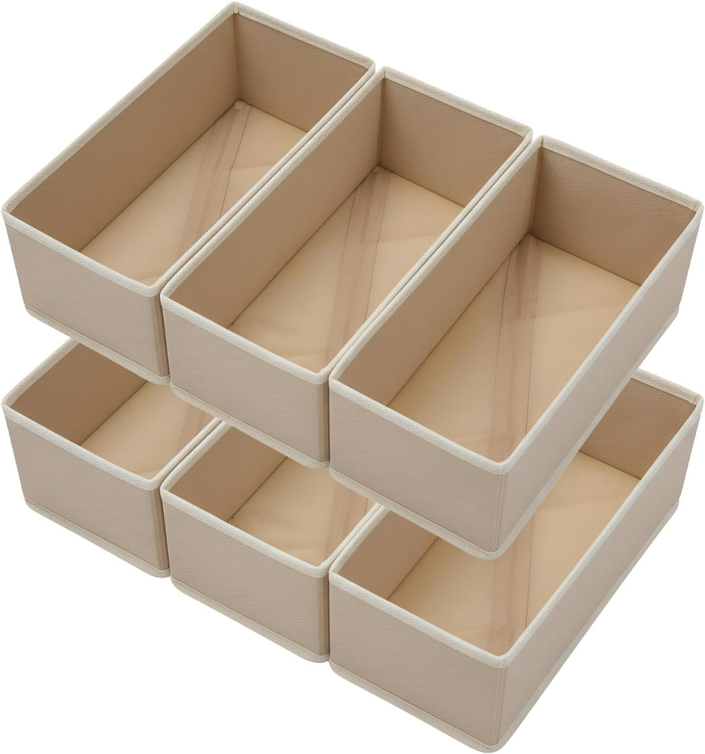 Bructhun Sock Drawer Organizer 6 Pack - Collapsible Fabric Storage Bins for Underwear Divider, Small Closet Organizers with 6 Compartments, Khaki