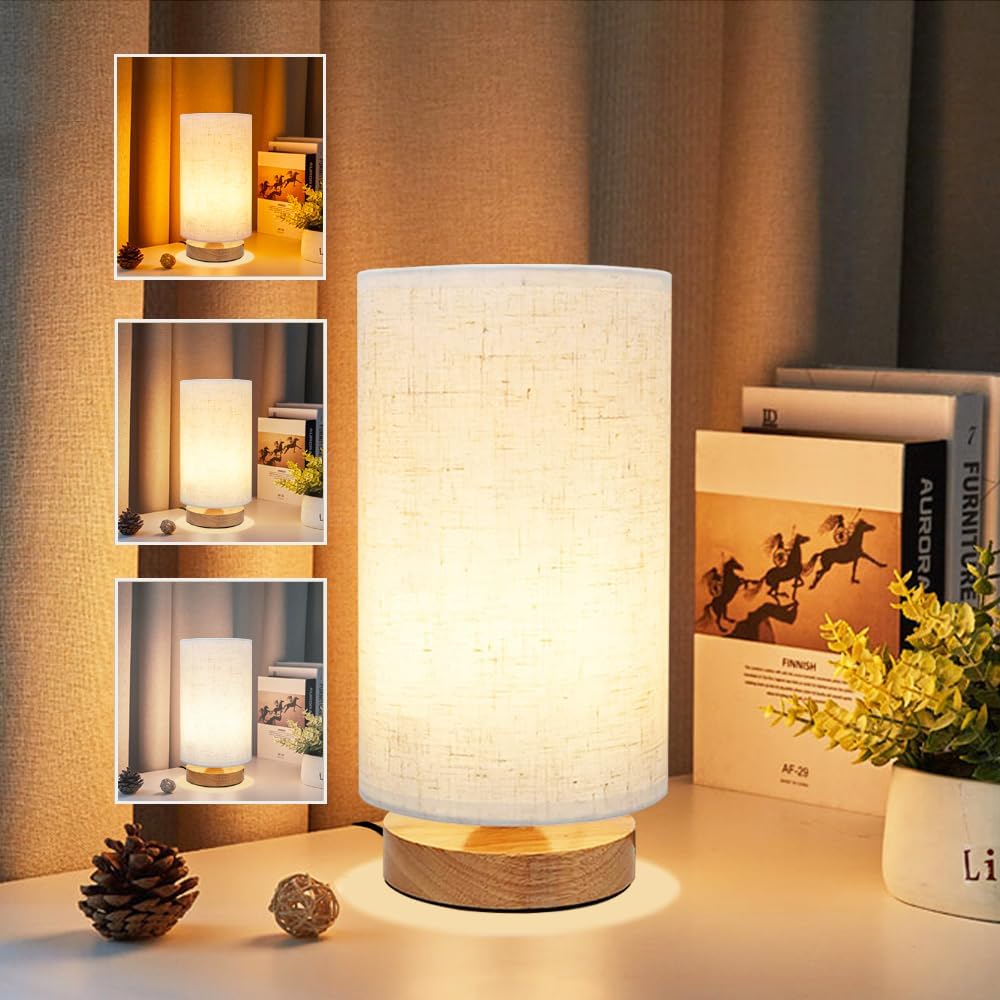 3-Color Adjustable Bedside Table Lamp for Bedroom,Wood Base & Fabric Shade