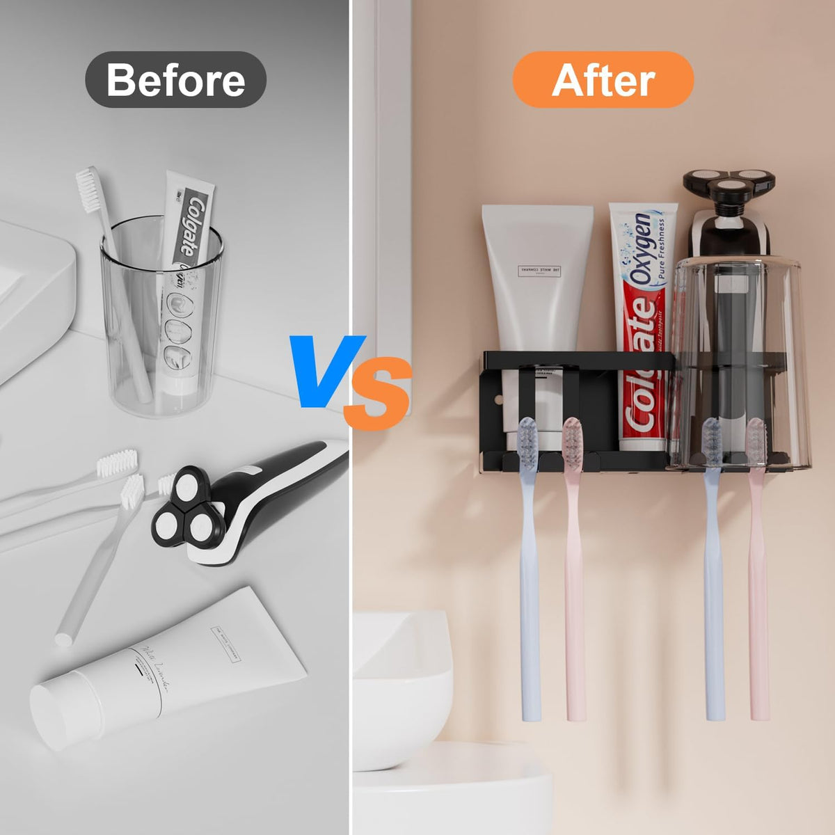 Wall Mounted Toothbrush Holders for Bathroom, Self Adhesive or Drill, Black