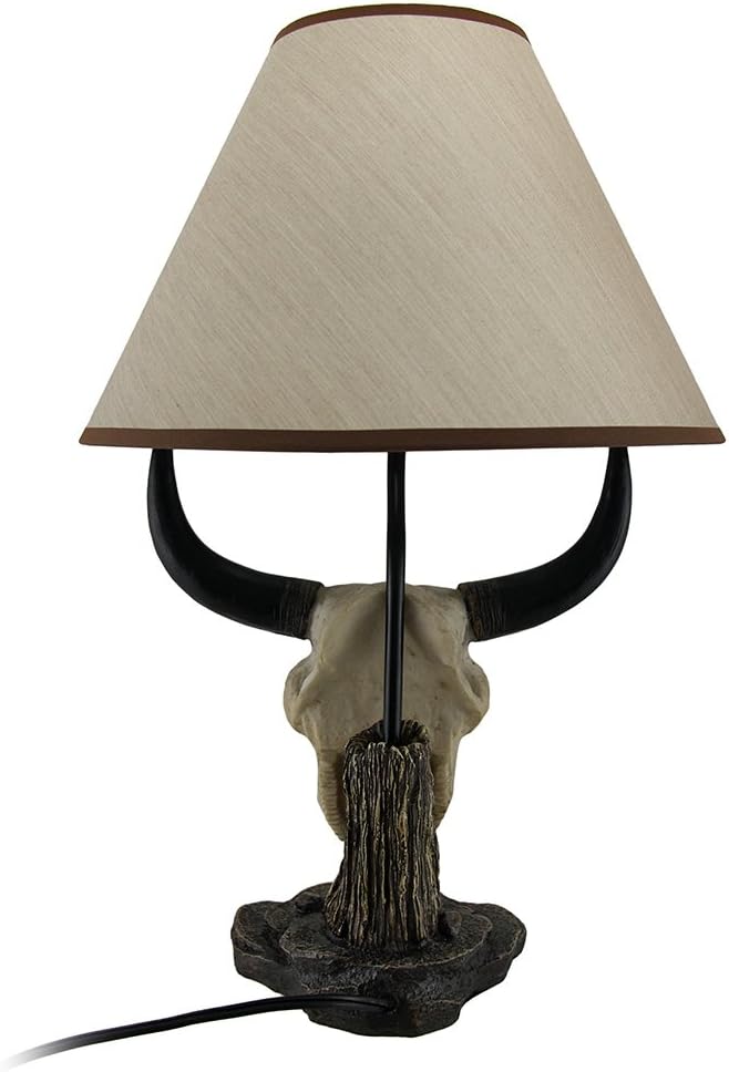 Bull Skull Table Lamp, 19.5 Inch Weathered Resin with Beige Fabric Shade