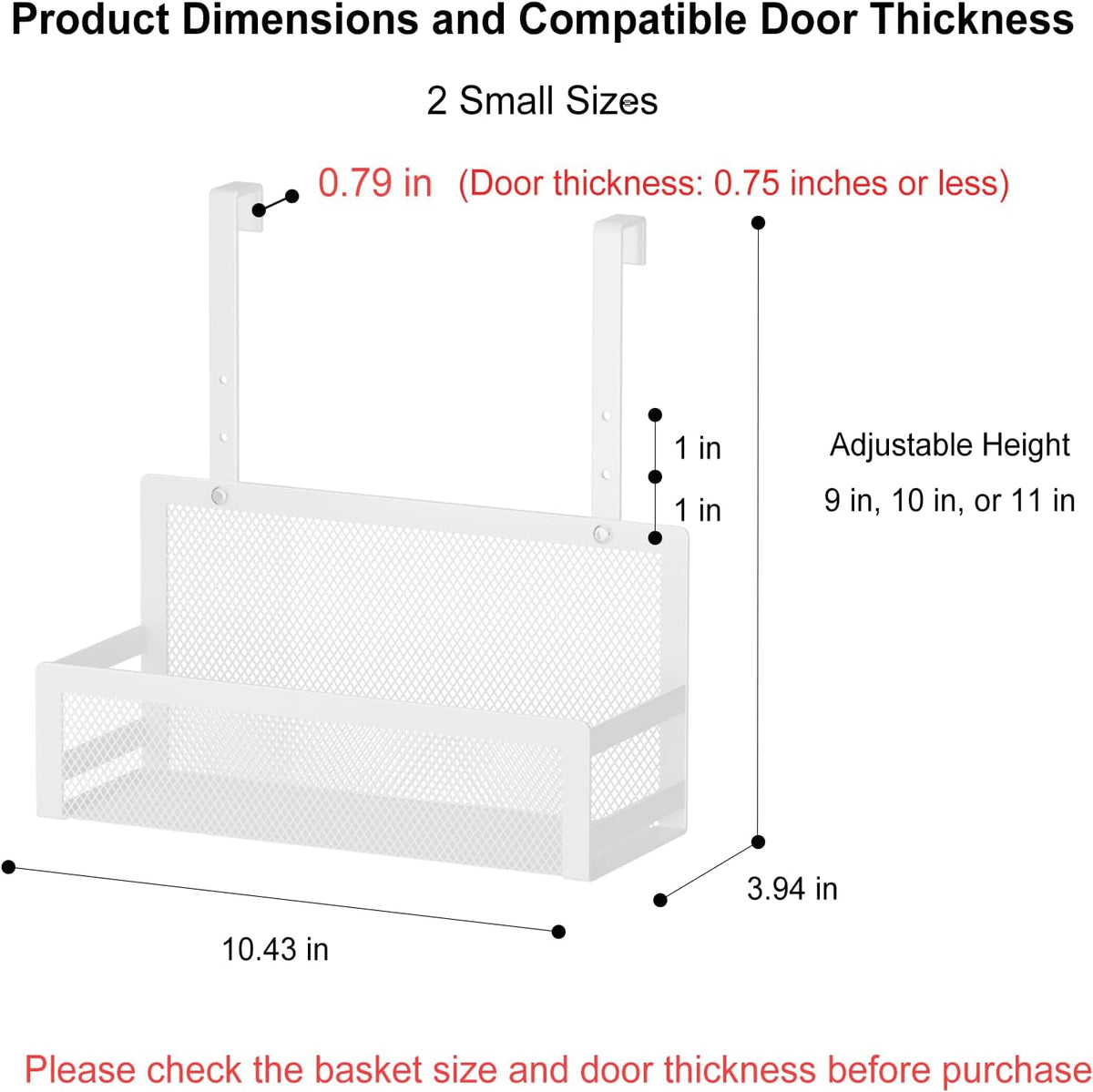 Cabinet Door Hanging Baskets, Adjustable Height, 2 Small, White