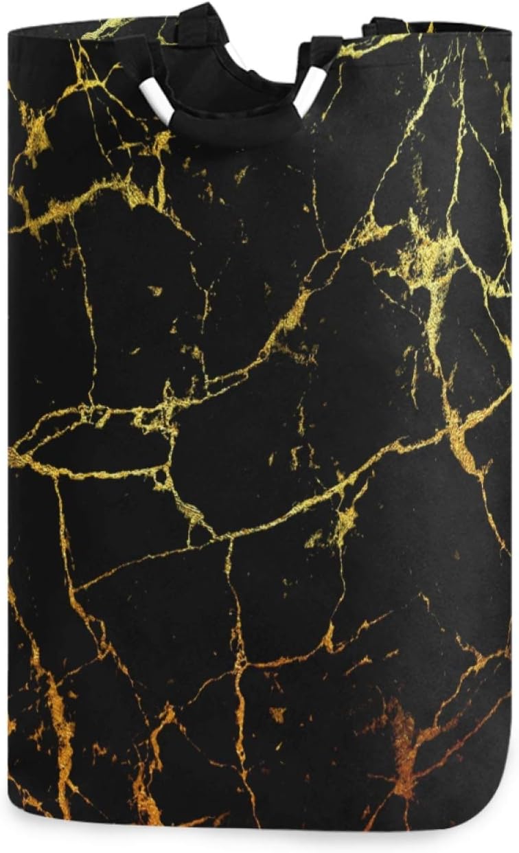 ALAZA Large Laundry Hamper Basket Black Marble With Gold Geometric Laundry Bag Collapsible Oxford Cloth Stylish Home Storage Bin with Handles, 22.7 Inch