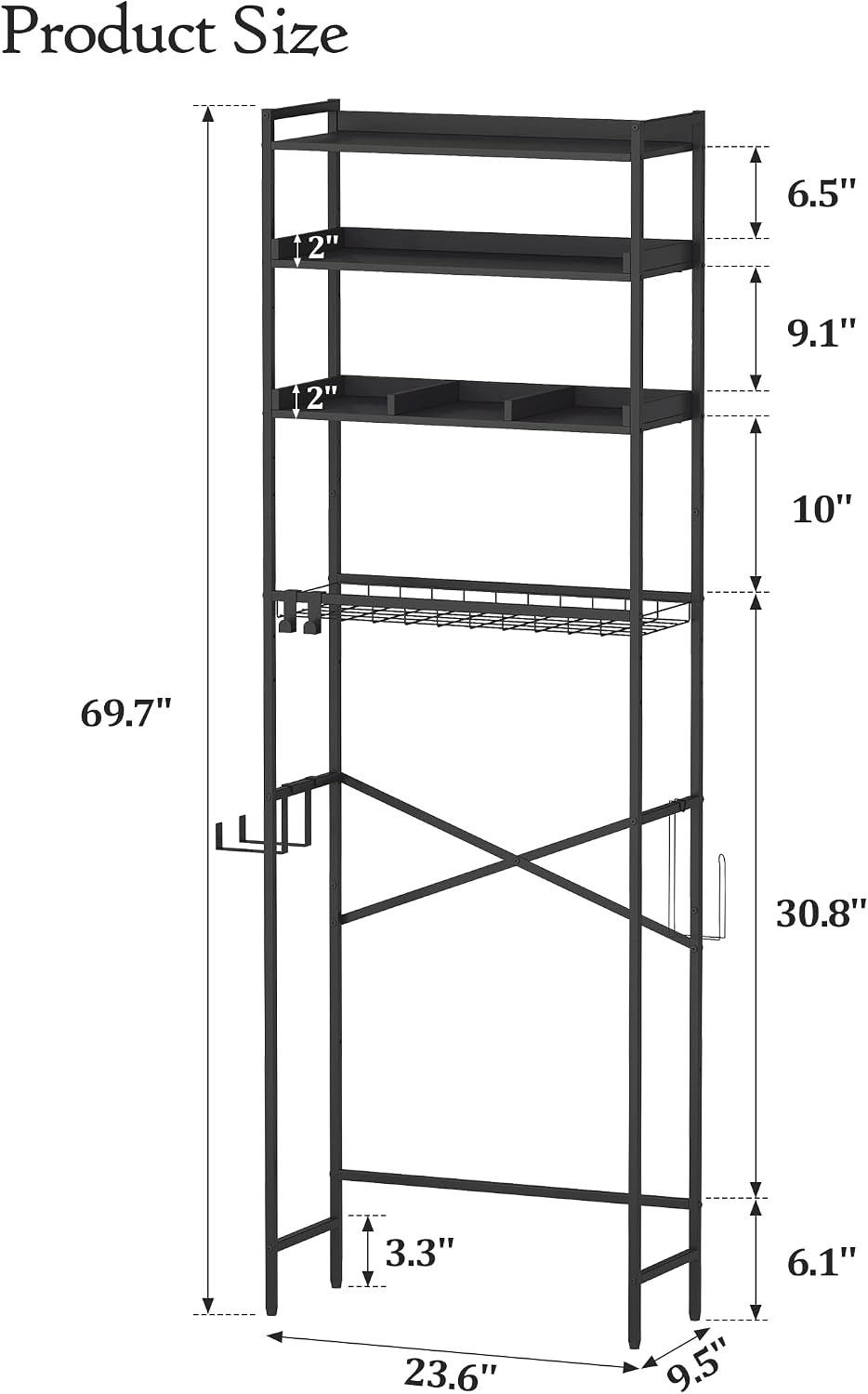 Quikraen 4 Tier Over The Toilet Storage Shelf with 3 Adjustable Shelves, Space Saver Bathroom Organizer with 4 Hooks, Freestanding Above Toilet Rack for Restroom Laundry (Black)