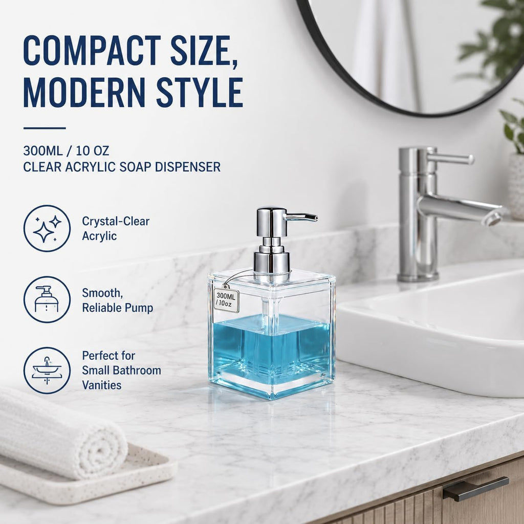LGURT 300ml Clear Acrylic Soap Dispenser — Compact Pump for Hand Soap