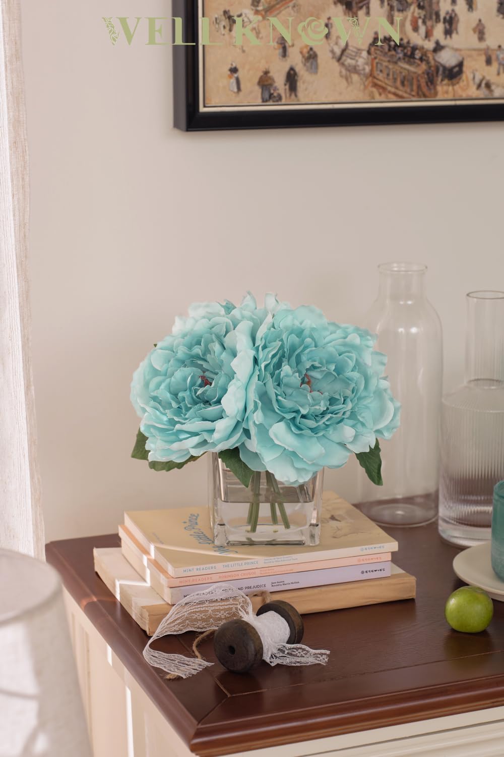 Artificial Peonies Flowers Arrangements in Cube Glass Vase, WELLKNOWN Silk Flower Centerpieces for Dining Room Table, Coffee Table Decor, Faux Peony Flowers with Faux Water(Light Teal Blue)