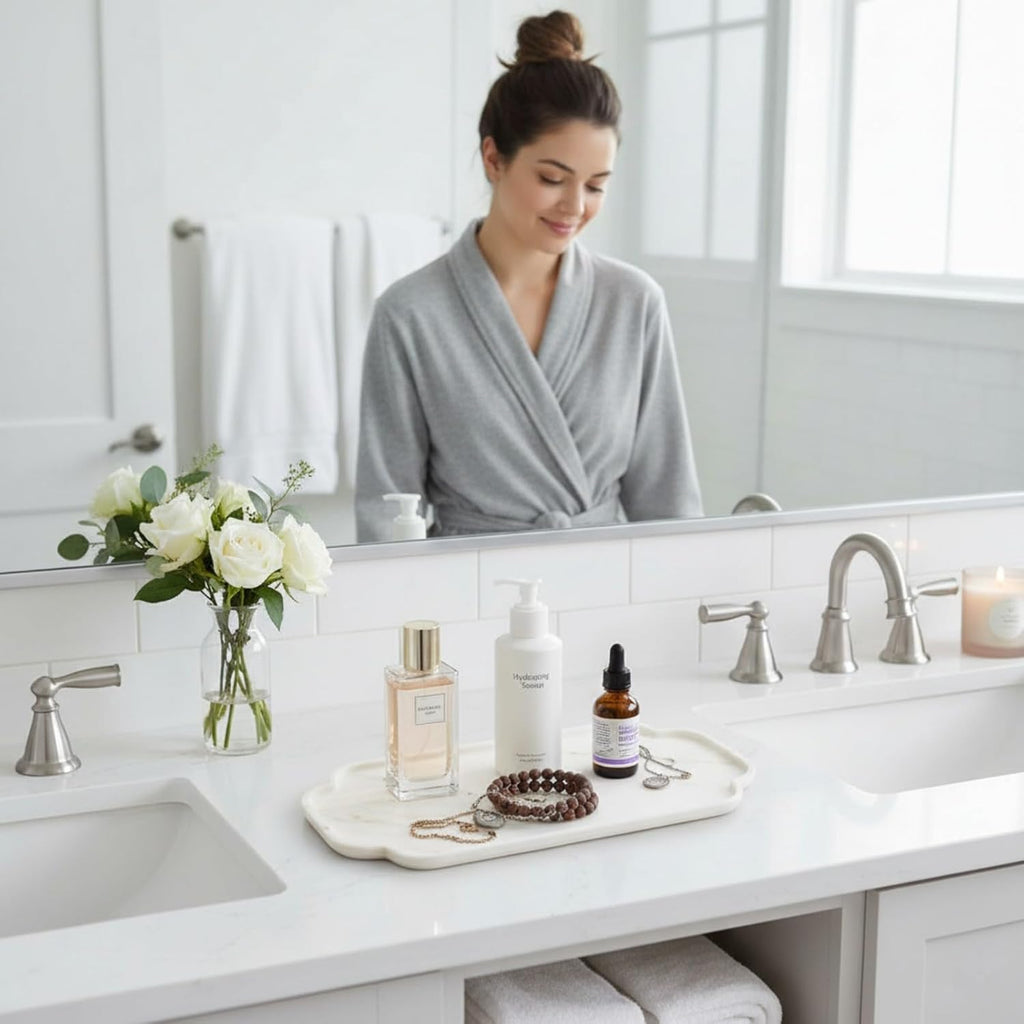 MARMOR Natural Calacatta Marble Tray, Luxury Vanity Tray for Bathroom Counter, Perfume Organizer, Jewelry Tray, Candle Holder Decor, Kitchen Countertop Organizer, Elegant Home Decorative Tray Gift