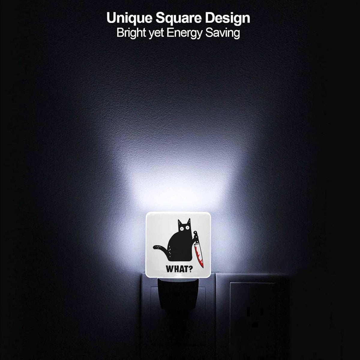 LED Night Light,Black Cat and Knife What LED Night Light Plug into Wall with Dusk to Dawn Light Sensor White Energy Efficient Nightlight for Bedroom Bathroom Hallway Living Room Kitchen