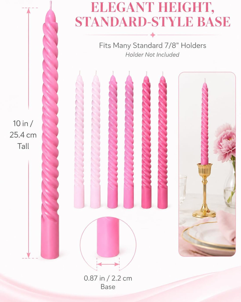 10 Inch Gradient Hot-Pink Spiral Taper Candle Set, 6 Pack Unscented Dripless Candlesticks for Wedding, Holiday Décor, and Festive Dinners