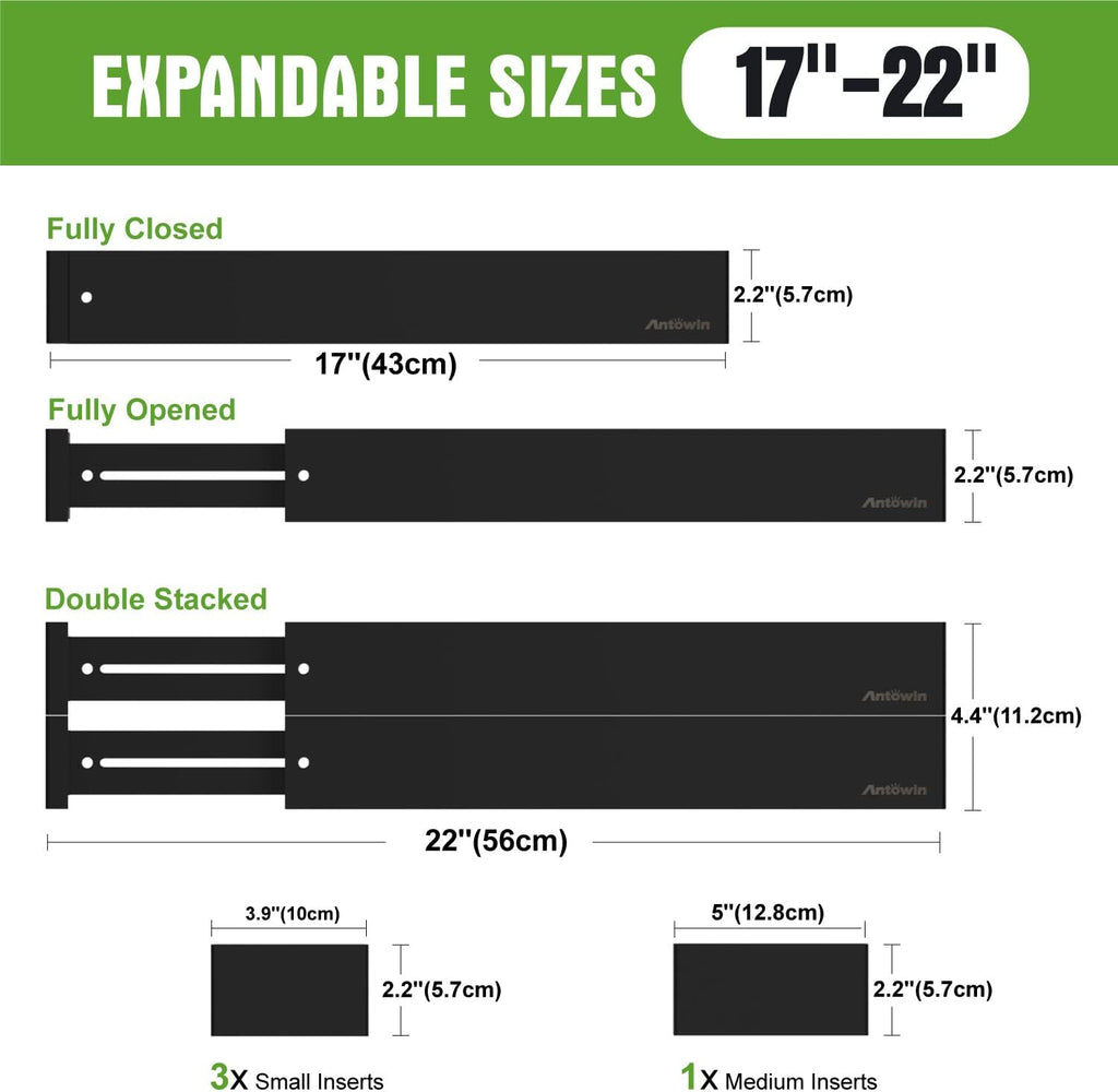 ANTOWIN Bamboo Drawer Dividers Organizers, Expandable Drawer Separators Splitter,17-22 inches Long Adjustable Spring-loaded Organizer for Large Utensil, Clothes, Tools Drawers (Black)