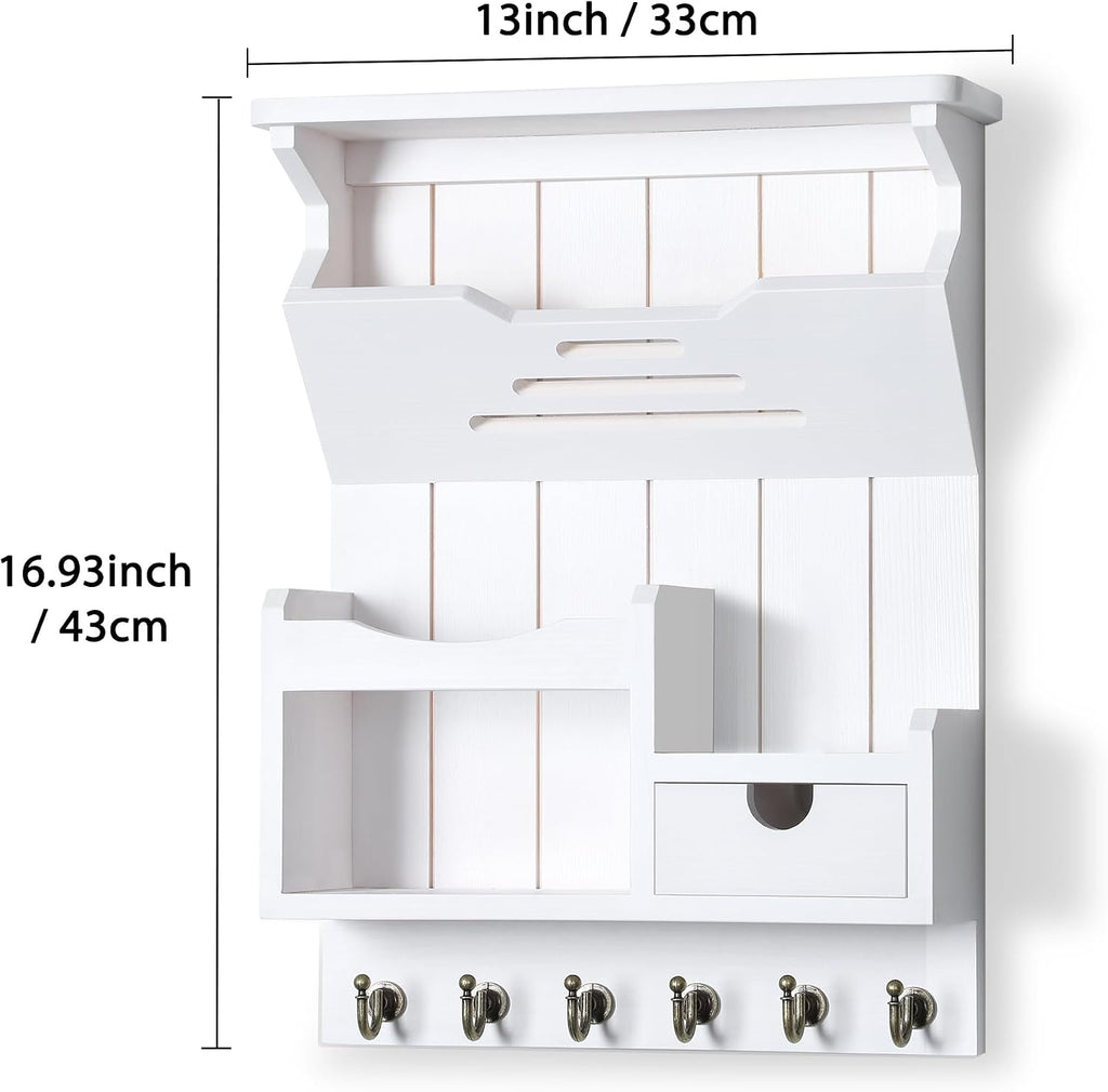 DOPACE Handcrafted Pine Wood Mail Organizer & Key Holder, White