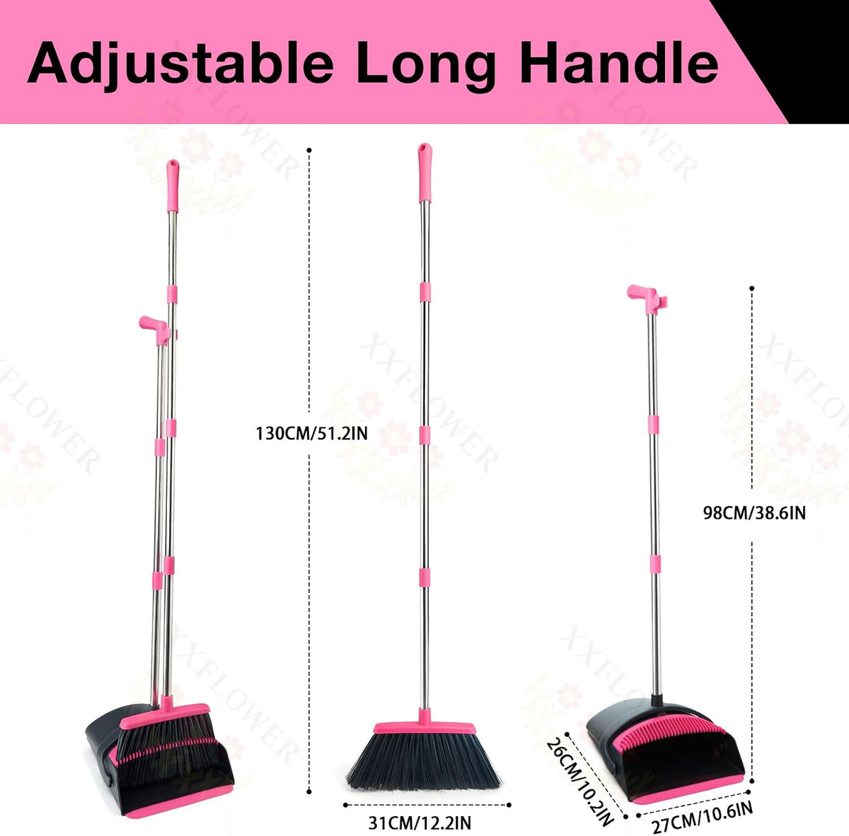 Broom and Dustpan Set,Long Handle Lightweight Dustpans with Broom Combo for Home,Indoor&Outdoor Sweeping for Home Room Kitchen Office Lobby (Black Pink)