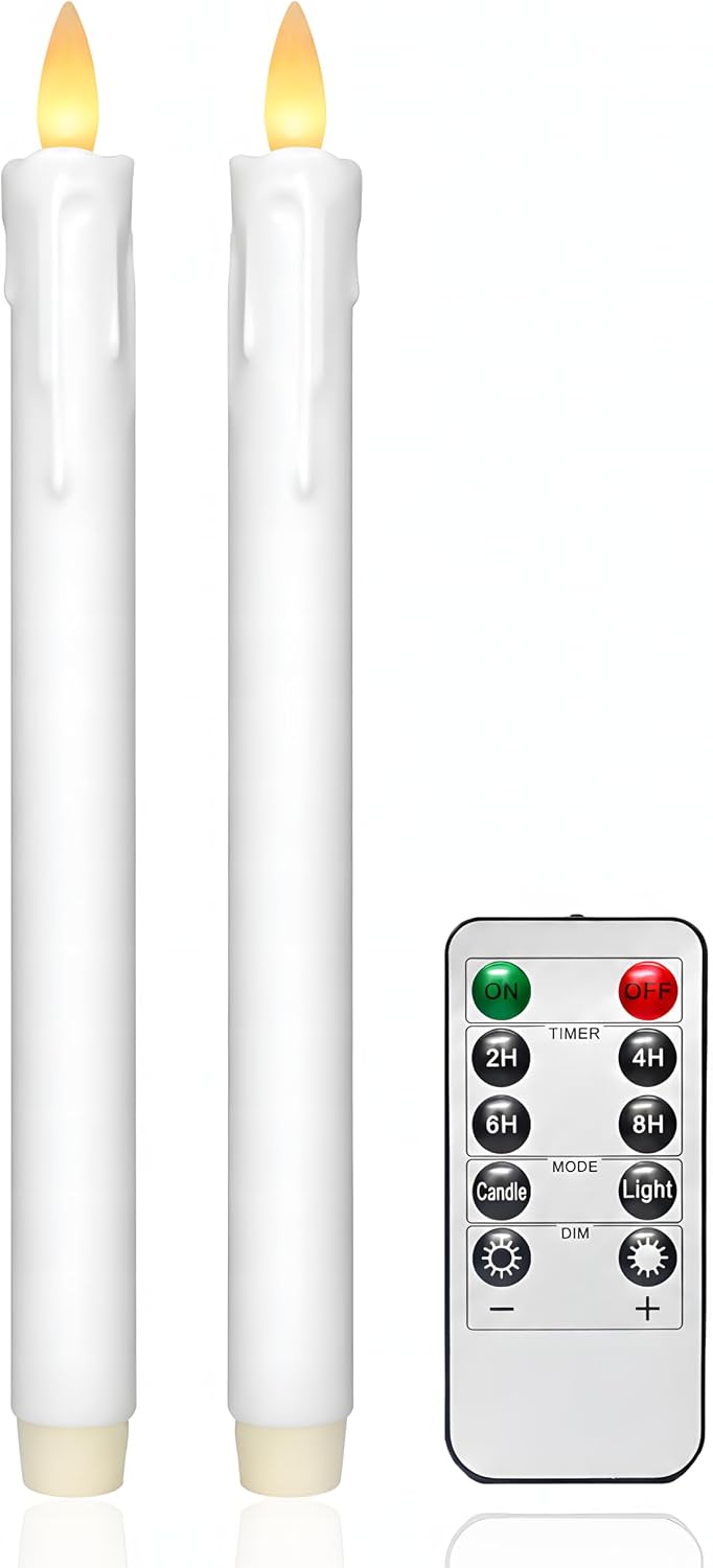 Dripping Flameless Taper Candles Flickering with Remote and Timer, 3D Moving Flame Taper Candle Battery Operated to 400 Hours, 9 Inch Window Candles. (White, 9in)