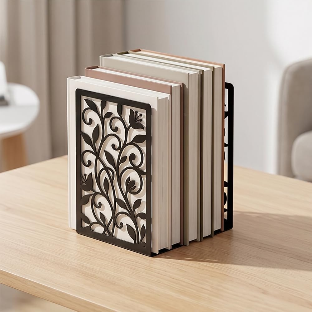 Flower Vine Twining Iron Metal Bookends for Shelves Elegant Book Ends Decorative Books, Desk Organizer Bookend for Book Display, Non-Slip Bookend for Library Office Home Decor