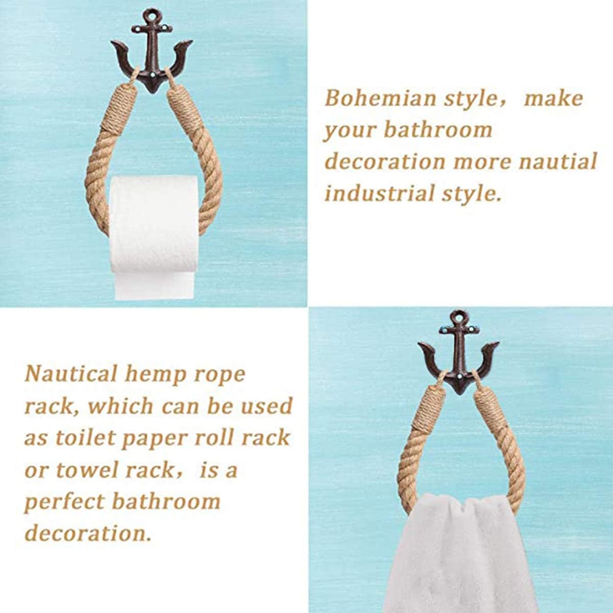 2 Pcs Nautical Rope Toilet Paper Holder Wall-Mounted Towel Ring Nautical Toilet Paper Holder with Metal Hooks Coastal Towel Rack Natural Antique Rope(Black+Black)